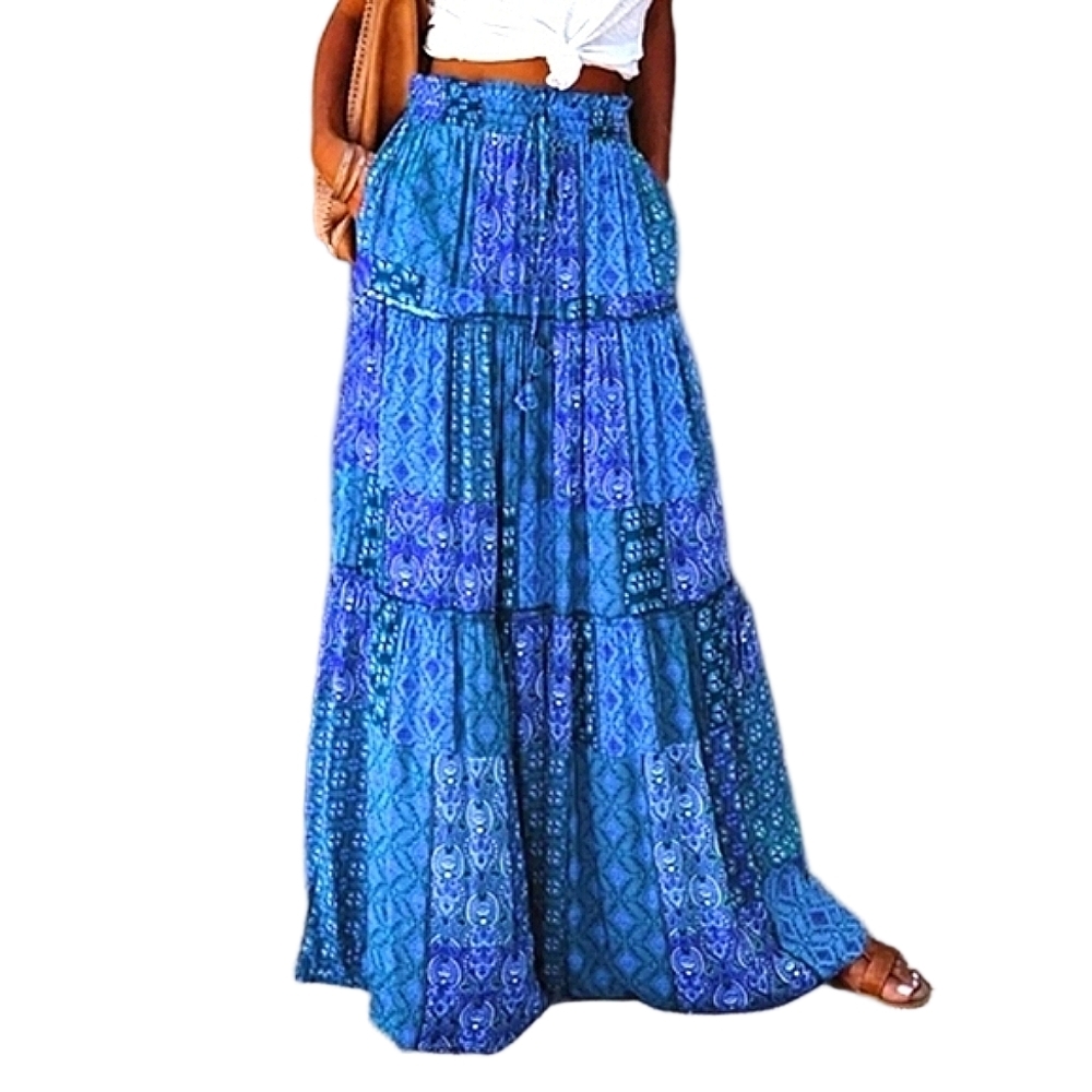 Maxi Skirt Blue 70s Style Patchwork Print Flowy Boho Long Skirts Hippie Skirts - Picture 7 of 9
